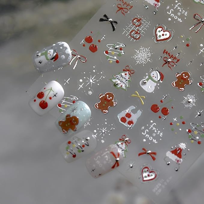 Christmas Nail Stickers 3D Self-Adhesive Santa Claus Snowman Nails Supplies Tree Bow Nails Decals Gingerbread Man Designs 5D Embossed Cute Red Cherry Nails Decoration for Women DIY Manicure 1 Sheet