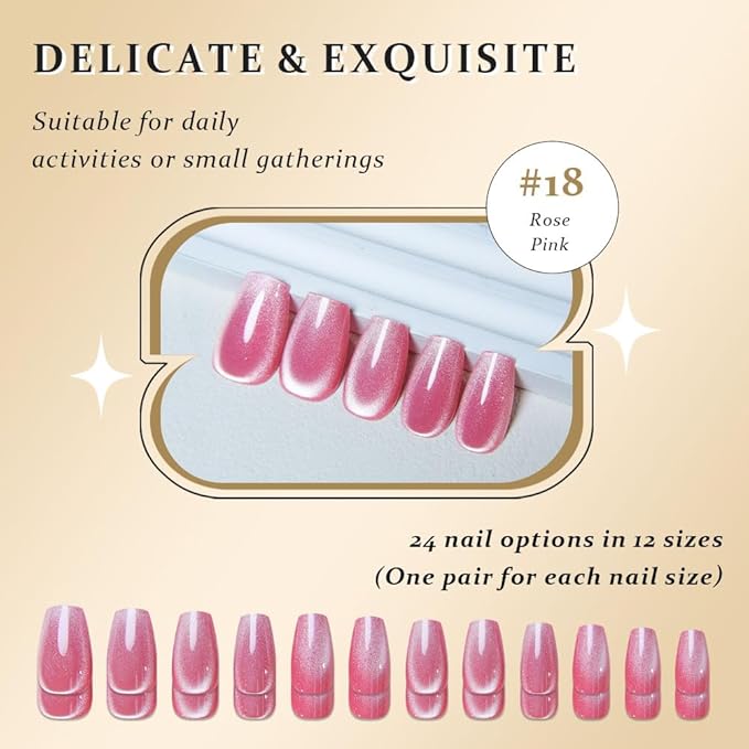 evpct Rose Pink Cat Eye Coffin Press on Nails Square Medium, Medium Square Stick on Nail for Women, Rose Pink Metallic Glitter Glossy Reusable Summer Soft Gel Press on Acrylic Fake Nail with Designs