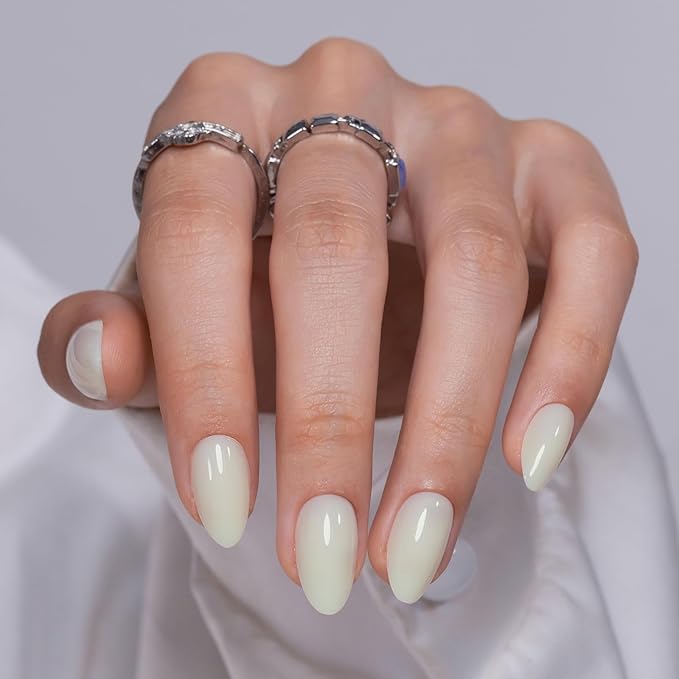 Pastel Beige Press on Nails Almond - SHANGMENG Glow in The Dark Short Nails for Women, Seamless Fit & Glossy Soft Gel Glue On Nails in 16 Sizes - 32 Fake Nails Kit with Glue, Enchanted Lumen