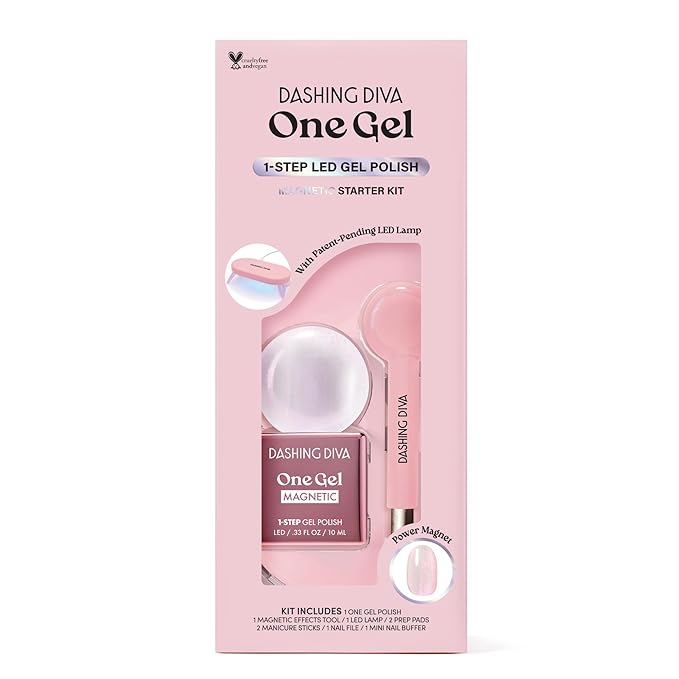 Dashing Diva One Gel Magnetic Starter Kit - Iridescent Topper - 3-in-1 Base Coat, Nail Color & Top Coat - Magnetic Polish - 9-Piece Manicure Set with LED Gel Lamp