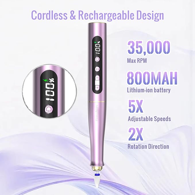 Cordless Electric Nail Drill Machine, 13 in 1 Nail File Kit 35000RPM Professional Portable Rechargeable E File for Acrylic Polish Gel Removal Manicure Pedicure Set with 5 Speeds Violet
