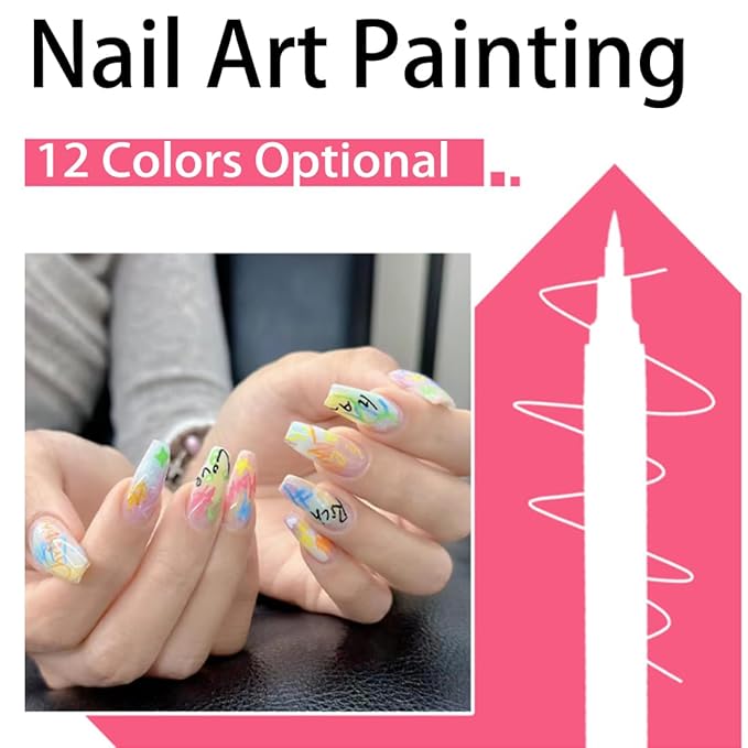 12 Colors Nail Art Pens Set,Upgrade 0.5mm Fine Tip Nail Polish Pens Set,Quick-dry Waterproof Drawing Painting Pens, Portable Nail Art Tools for Home Salon and DIY Nail Art