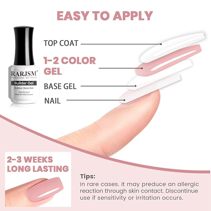 RARJSM Rubber Base Coat Gel Polish Nude Rose Pink Skin Tone Rubber Base Gel for Nails Natural Nude Color French Manicure Extend Gel Soak Off Curing Requires Single Bottle 15ml Salon Home DIY Use