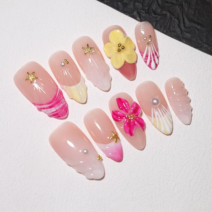 10 Medium Almond 3D Floral Handmade Press On Nails, Vintage Red with seashells and Shiny Rhinestones, Pearls & Cat Eye, Removable and Reusable, All Seasons(A013, XS)