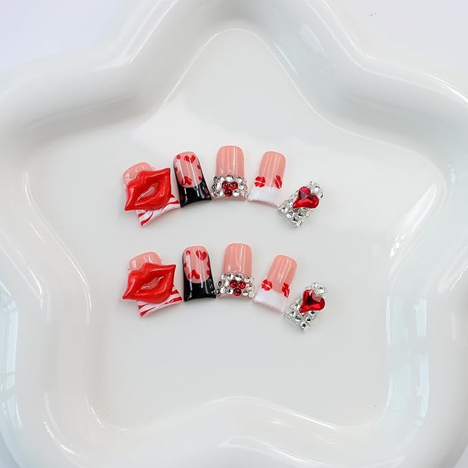 10Pcs Valentines Duck Press on Nails Handmade French Tip Press on Nails Short Duck Fake Nails Valentines False Nails with 3D Red Lips Heart Rhinestone Design Artificial Glue on Nail for Women (M)