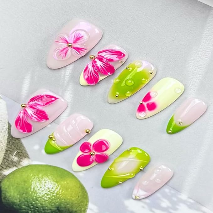 100% Handmade Press on Nails Medium Almond Handmade Nails with Pink Flower Charm Design Glossy Green French Tips Fake Nails Gold Pearl Nail Press ons Spring Summer Nails for Women Size M 10Pcs