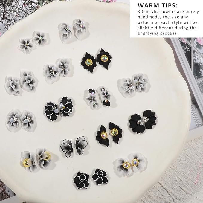 30PCS 3D Handmade Flower Nail Art Charms Advanced Handcrafted Cherry Blossom Flower Colorful Sculpted Floral Nails with Rhinestone Caviar Beads Design for Women Profession Nail Art Craft Jewelry