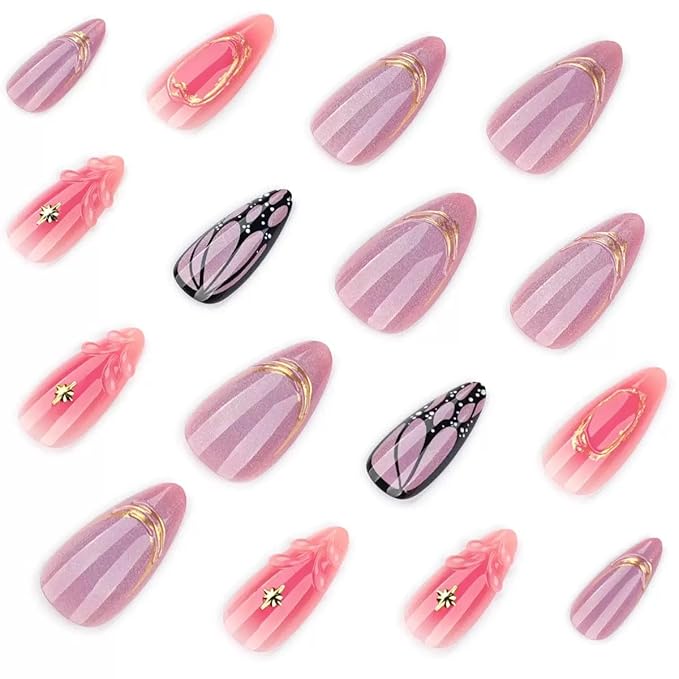 Press on Nails Almond - Medium Fake Nails with Butterfly Design - Glossy, Purple False Nails Press ons - for Women 24 Pcs