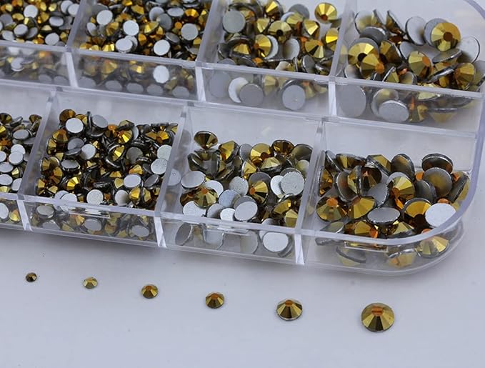Over 2100 Pieces Gold Plated Flat Back Glass Rhinestones Crystals for Nail Art Kit 6 Sizes (1.4mm - 4.8mm)