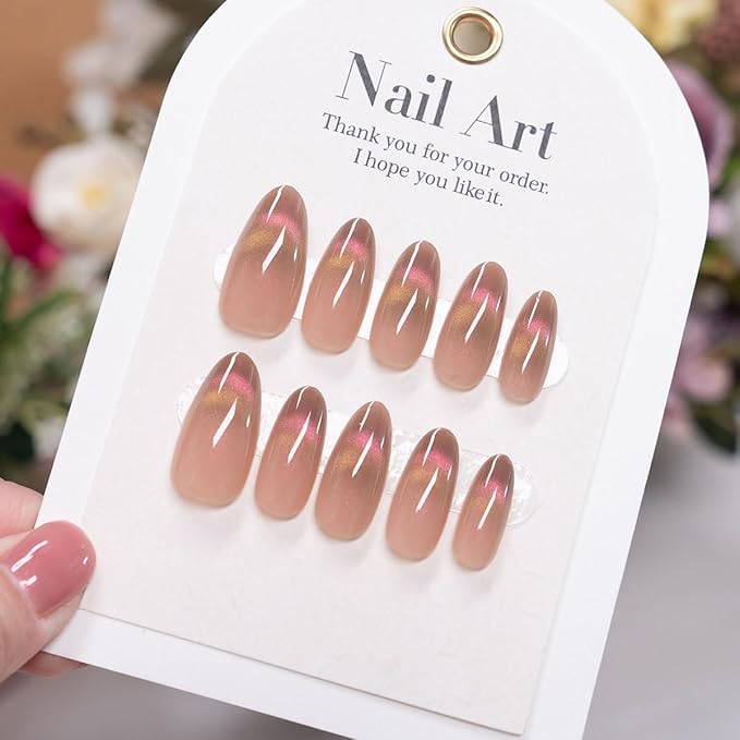 evpct Nude Brown Cat Eye Press on Nails Almond Medium, Medium Almond Stick on Nails for Women Gift, Iridescent Pink Smile Curve Metallic Glitter Reusable Gel Press on Acrylic Fake Nail with Designs