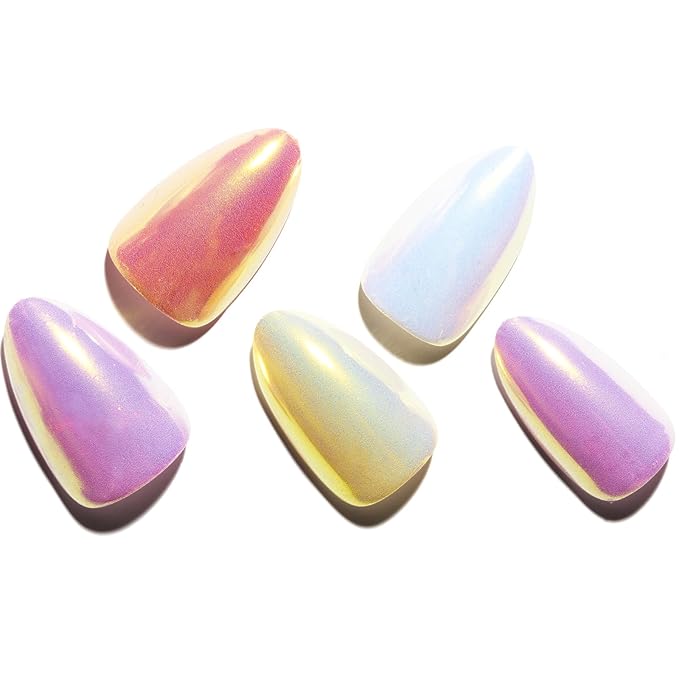 GLAMERMAID Light Pink Purple Press On Nails Short Almond, Bright Chrome Glazed Handmade Soft Jelly Gel Fake Nails, Mirror Grey Round Oval Stick Glue on Nail Kit for Women, Reusable Acrylic False Nail