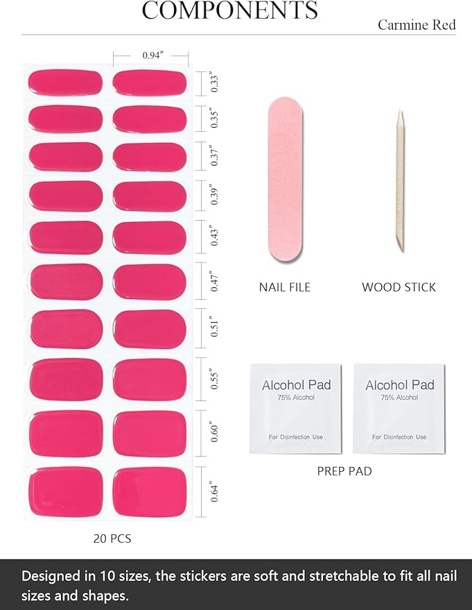 Semi Cured Gel Nail Strips (Carmine Red), 20 Pcs Gel Nail Wraps, Stickers, UV Light Required, Salon Quality, Long Lasting