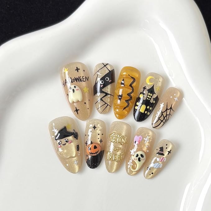 30Pcs Halloween Press on Nails Medium Almond Fake Nails with Gold Letters Cute Ghost Star Designs Goth Pumpkin False Nails Full Cover Artificial Glue on Nails Halloween Holiday Stick on Nail for Women