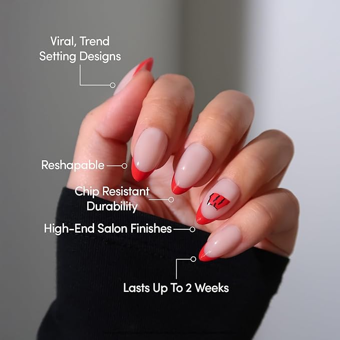 Glamnetic x Fanatics Press On Nails - Wisconsin Badgers | Short Almond Fake Nails, Collegiate Badgers Red French Tips, College Nails, Salon-Quality | 15 Sizes - 30 Nail Kit with Glue