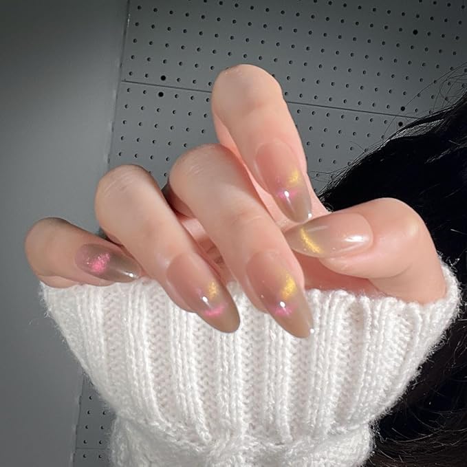 evpct Nude Brown Cat Eye Press on Nails Almond Medium, Medium Almond Stick on Nails for Women Gift, Iridescent Pink Smile Curve Metallic Glitter Reusable Gel Press on Acrylic Fake Nail with Designs