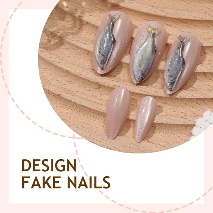 Almond Press on Nails Medium Fake Nails 3D Fish False Nails Finish Cat Eye Glue on Nail Cute French Tip Acrylic Nails Full Cover Stick on Nail for Women Manicure 24Pcs