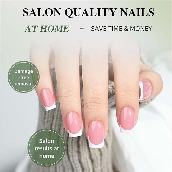 White French Tip Press On Nails - Pink Short Square Fake Nails, Square White Press On Nails Reusable Stick On Nails in 16 Sizes, 32pcs False Nail Kit for Women & Girls (Pink White French)