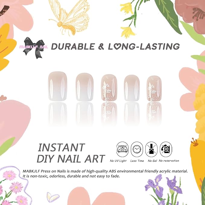 MABKJL French Fake Nails - White Gradient Square Full Cover White Floral Designs Glossy Glue on Acrylic Artificial Nails for Women Girls - 24Pcs