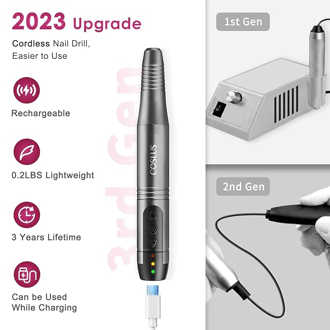 COSLUS C20 Cordless Nail Drill Electric File: Professional for Acrylic Gel Dip Powder Nails Portable Nail Drill Machine Kit for Manicure Pedicure Nail Set with Everything Rechargeable Lightweight