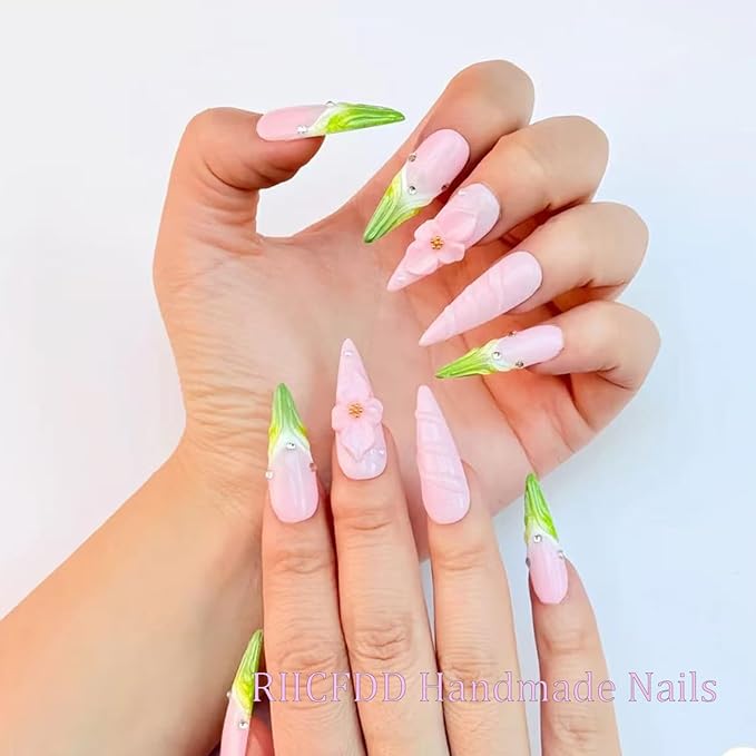 Almond Press on Nails Long Handmade Nails with Glue,Green French False Nails with Luxury Rhinestone 5D Flower Art Design Pink Nail Press ons Muti-Layer Gel Handmade False Nails for Women (Size S)