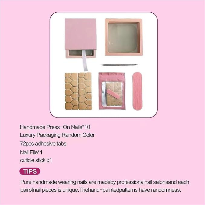 10pcsHandmade Press On Nails Nail Gift Kit Set with Tools Reusable Fake Nail in Soft Nude Pink with Silver Line Art and Rhinestone Detail Almond Shape for Women(M)