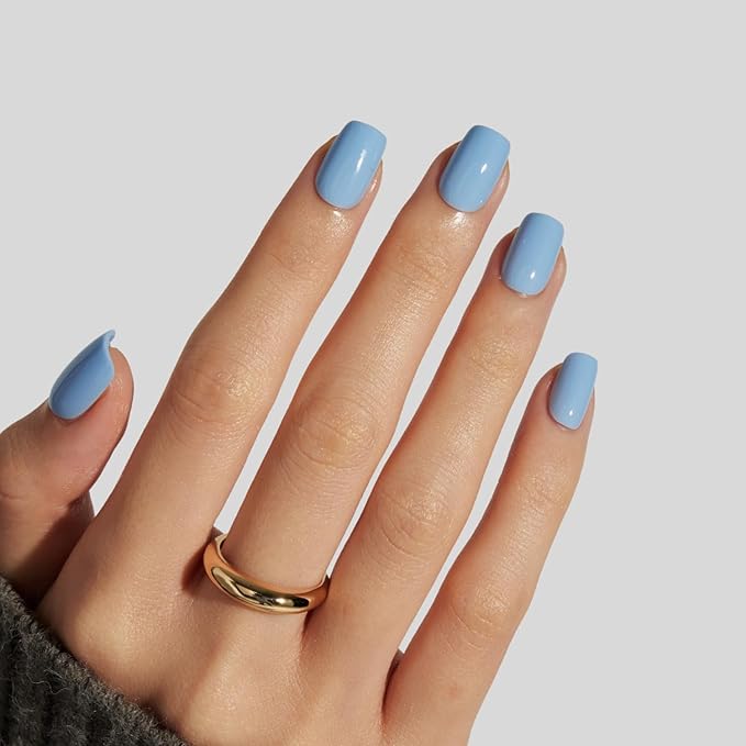LAMIMOSA 32Pcs Muted Blue Press On Nails Short Square - Dusty Blue Nail Kit, Soft Gel Fake Nails in 16 Sizes, Reusable Glue on Nails, CELESTE