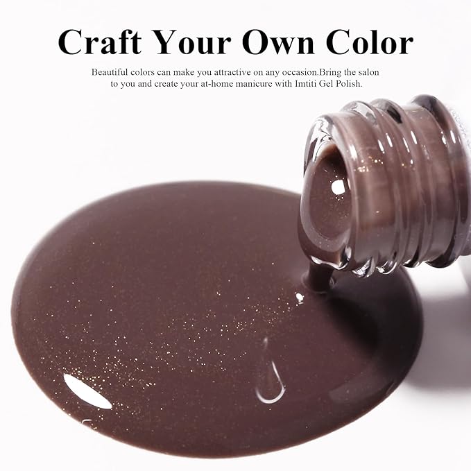 Imtiti Glitter Gel Nail Polish, 0.5 Fl Oz Brown Glitter Gel Polish Soak Off LED U V Gold Shimmer Sparkle Nail Gel DIY Nail Art Kit