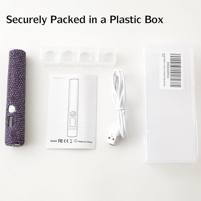 Handheld UV Nail Lamp with Sparkly Rhinestones, 3W Portable LED Nail Lamp, Wireless Rechargeable USB Nail Dryer with Silicone Stamper, LCD Display, Ideal for Home DIY Manicures (Purple)