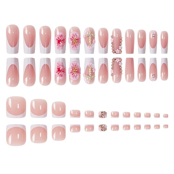 48Pcs Square Press on Nails Medium & Press on Toenails Set, Pink Flowers Fake Nails Short Press on Toe Nails French Cross Acrylic Nails Kit Full Cover Stick on Toe Nails for Women Manicure