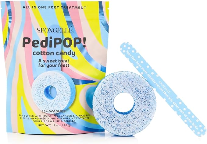 Spongellé Cotton Candy PediPOP! Pedi Buffer & Nail File | All-in-One Pedicure Treatment | Exfoliates, Softens & Cleanses | 30+ Washes | Vegan & Cruelty-Free