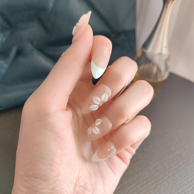 10 Medium Almond Handmade Press On Nails | Coquette Aesthetic Light Nude Pink French Fake Nails with 3D Floral & Gold Stud Accents | Reusable Salon Quality Nails (5U03, S)