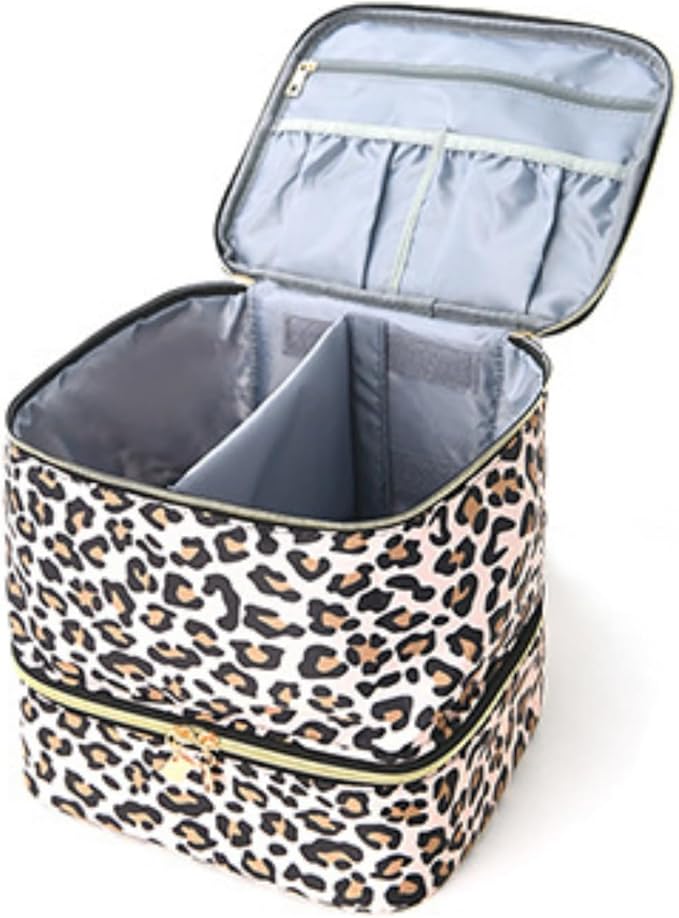 Nail Polish Organizer Aesthetic Nail Organizers and Storage, Bow Nail Supplies Kit Organizer Travel Carrying Case for Manicure Tools (Leopard B, 2 Layer)