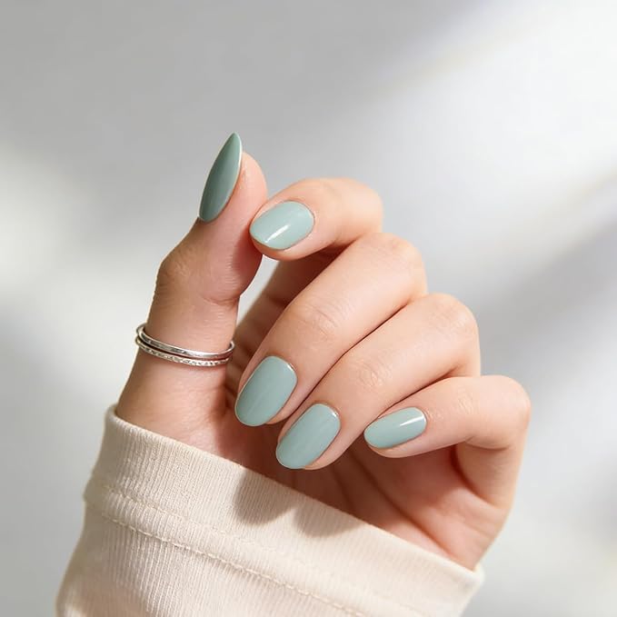 Press On Nails Almond,Medium Blue Green Soft Gel Fake Nail Kit With Nail Glue,30-Piece-15 Sizes Durable Reusable Press On Nails for Women Gift(light green)