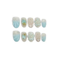 Blue French Tips Press on Nails Short Oval,Isle Blue Gradient & Hand-Sculpted Conch Relief False Nails,Ocean Whisper Fake Nails Kit,Glossy Cute Artisan Coastal Zen Nail Art with Tools 10pcs(M)