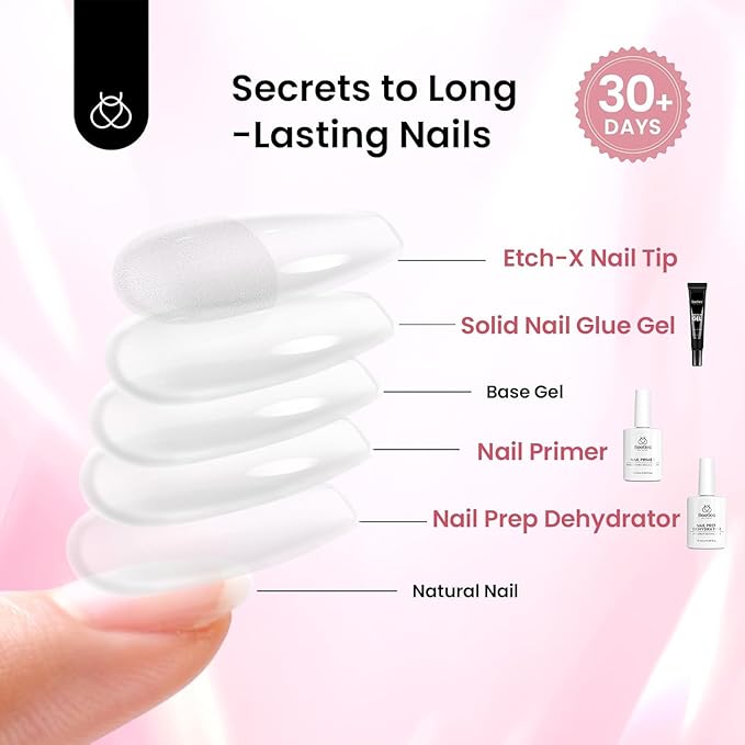 Beetles Gel Nail Kit Medium Almond with Dehydrator and Primer, 576Pcs Half Matte Etch-X Gel Nail Tips Solid Glue Mini Lamp Acrylic Nail Tips Easy DIY Nail Extension Set Gift for Women