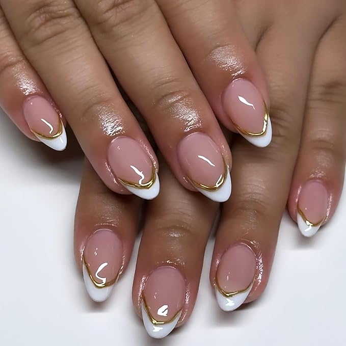 24 Pcs French Tip Press on Nails Short Almond Fake Nails with Designs Gold Stripes False Nails White French Tip Acrylic Nails Stick on Nails Full Cover Acrylic Nails for Women Girl