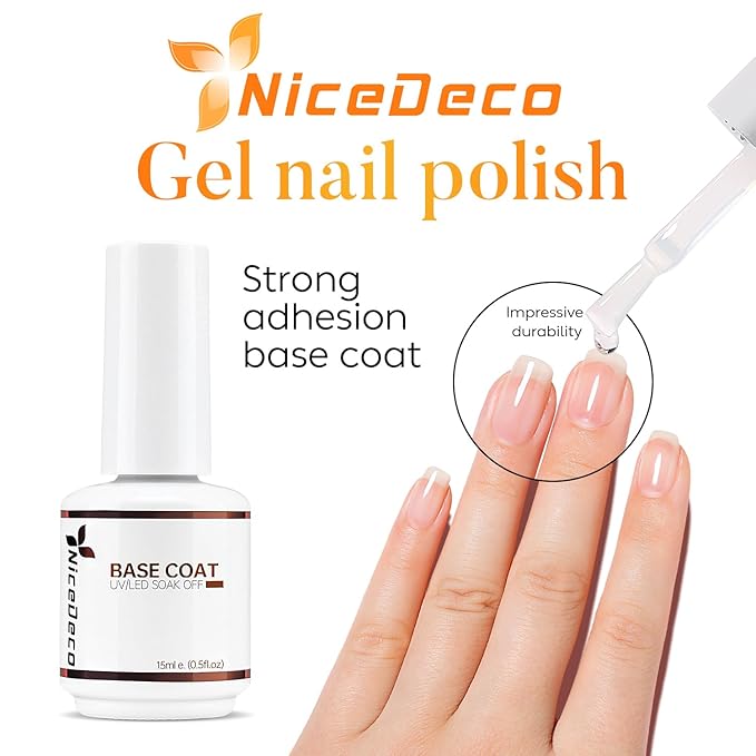 Nicedeco Hema Free No Wipe Gel Top Coat and Base Coat Set 2 Pcs 15ml Low Odor Cruelty Free Vegan Gel Nail Polish Glossy Shine Long Lasting Gel Base Top Coat