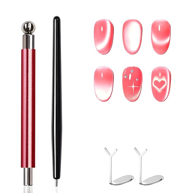4 Pcs Cat Eye Magnet Set – Red Dual-Ended Nail Magnet With Round Bead, 2 Heart Nail Magnets for Nail Art, and Black Magnetic Bead-Pickup Pen, Magnet for Cat Eye Gel Polish DIY Nail Designs