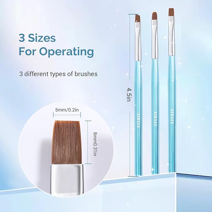 AIRSEE Nail Art Clean Up Brushes, 3 PCS Flat/Oval/Fine Angled Gel Nail Brush for Cleaning Polish Mistake on the Cuticles, Painting Brushes, Art Design DIY Tools, Blue