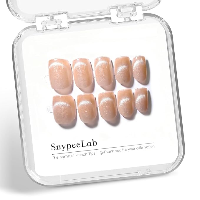 Nude Cat Eye Press on Nails Short Square, French Tip Short Square Glue on Nails for Women Gift, Reusable Soft Gel Press on Acrylic Nail with Designs 30Pcs(Nude)