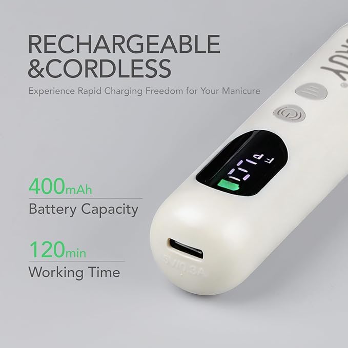 GAOY Cordless Electric Nail File, Nail Drill with LED Display for Acrylic Gel Nails, Hand Feet Trimmer Buffer Tool, Milky White