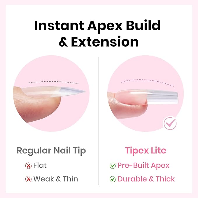 Beetles Tipex Lite Nail Tips Kit with Dehydrator & Primer, Long Square Full Cover Clear Nails 256PCS 16 Sizes, Mini UV Lamp, 20g Solid Nail Glue, Base & Top Coat, All-in-One Nail Starter Kit