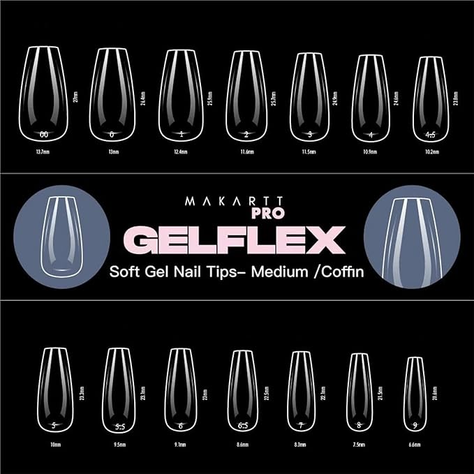 MakarttPro GelFlex Soft Gel Nail Tips 500pc Box – Medium Coffin Shape – 14 Sizes 00–9 – Clear Soft Gel Tips for Nail Extension – Easy to Apply, Lightweight, Professional Salon Quality