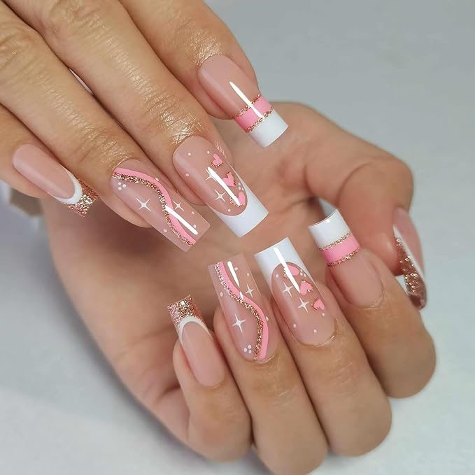 Curvlife Tip Press on Nails Acrylic Fake Nails with Design Full Cover False Nails for Women Reusable Nail Kit with Nail Glue Adhesive Tabs Nail File (Love French style, Long)