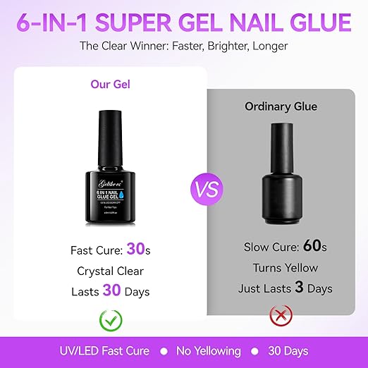 Gelike EC 6 in 1 Nail Glue Gel: 2 Pcs Gel Nail Polish for Press on Nails - Nail Glue Strong Easy and Long Last for False Acrylic Tip - Base Coat for Salon Home Polish