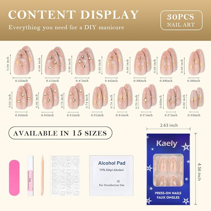 3D Nude Press on Nails Medium Almond with Bohemian Design, Nude Nail + Gold Star Glossy Stick on Nails for Women with Kit, Reusable Soft Gel Stick on Fake Nail with 3D Gold Stars Designs Perfectly Fit