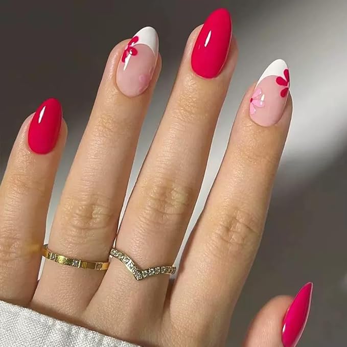 6 Packs (144 Pcs) Flower Press on Nails Medium Almond Fake Nails French Tip False Nails with Designs Spring Summer Floral Glue on Nail Full Cover Glossy Acrylic Stick on Nail for Women Manicure