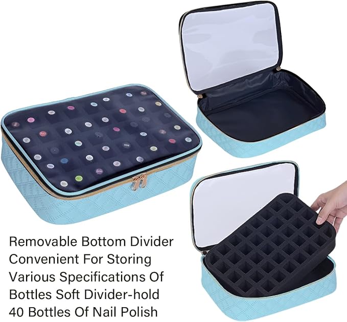 Nail Polish Bag organizer-Holds 40 bottles(15ml-0.5fl.oz)，Nail Polish Carrying Case Clear Multifunctional Cosmetic Travel Cases Makeup Bags Sky Blue