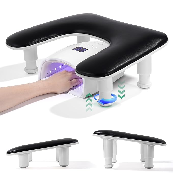 Big Arm Rest for Nails Tech: 2nd Generation U-Shaped Manicure Nail Arm Rest Stand Height Adjustable Armrest Microfiber PU Leather Hand Rest Pillow for Acrylic Nails (Black)