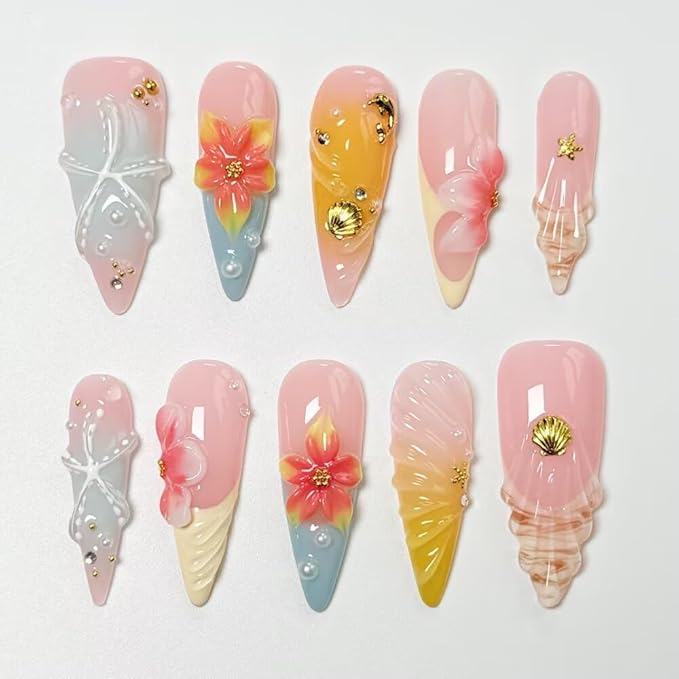 10Pcs Press On Nails Stiletto Shape Hnadmade Fake Nails, French Shell Acrylic Nails, Reusable Artificial Gold Plated Decoration Stiletto False Nails for Women (Size L)